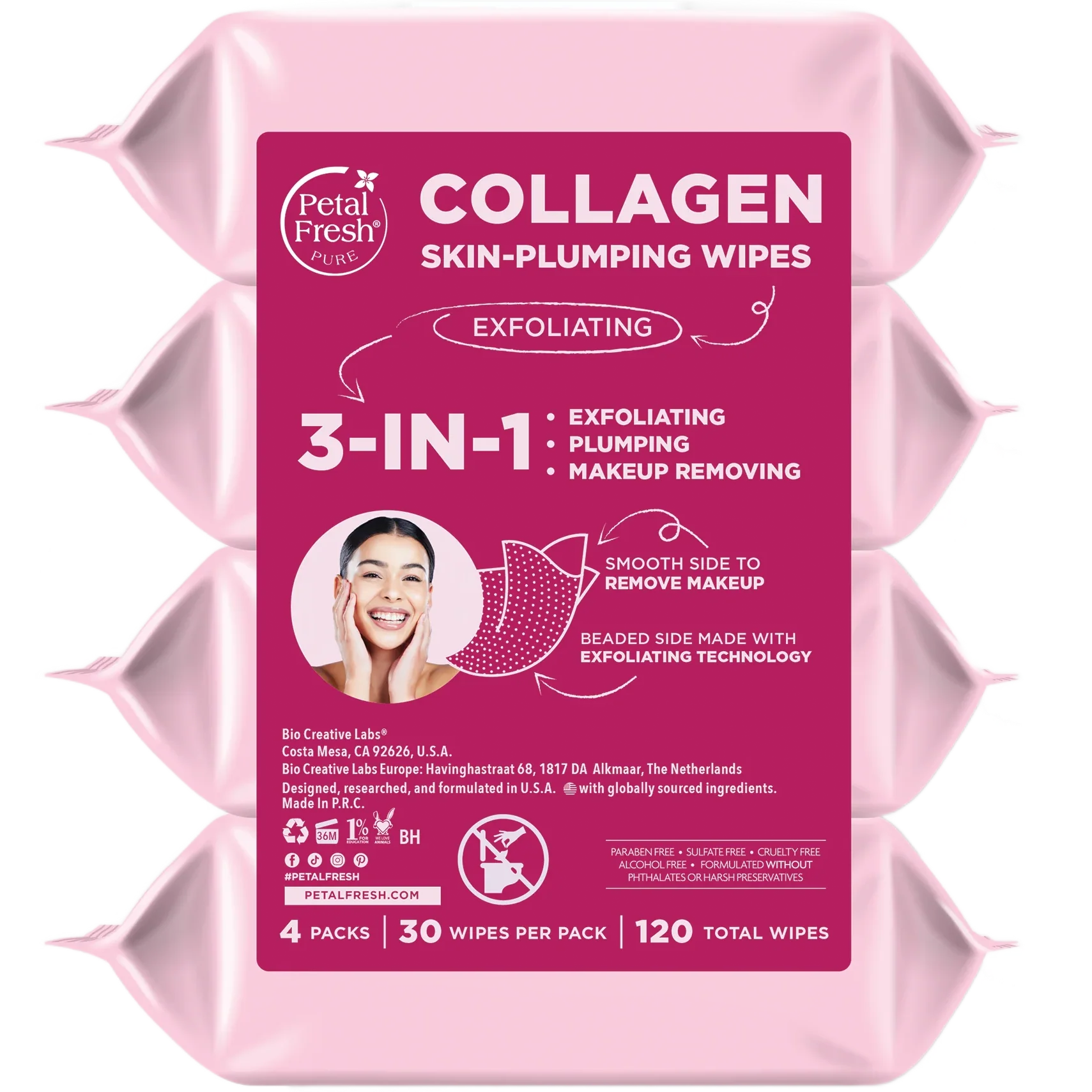 3-In-1 Skin Plumping Collagen Exfoliating Wipes (4 Pack)