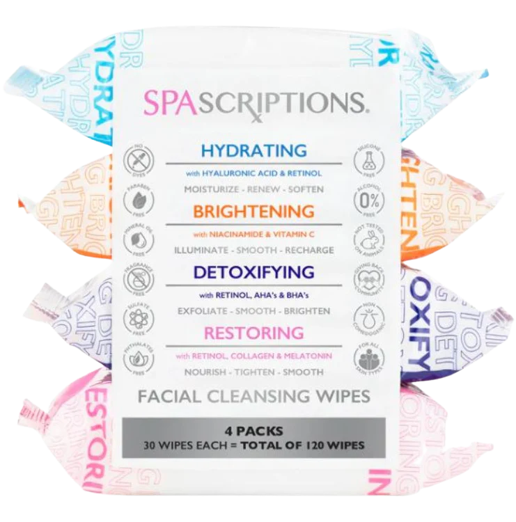 Assorted Facial Cleansing Wipes - Hydrating / Brightening / Detoxifying / Restoring - 120 count
