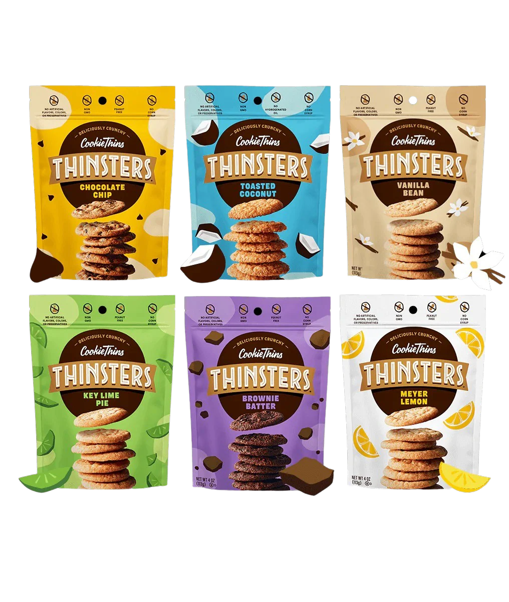Cookie Thins Thinsters Variety Pack - Chocolate Chip, Toasted Coconut, Vanilla Bean, Key Lime Pie, Brownie Batter, Meyer Lemon (6 Pack)