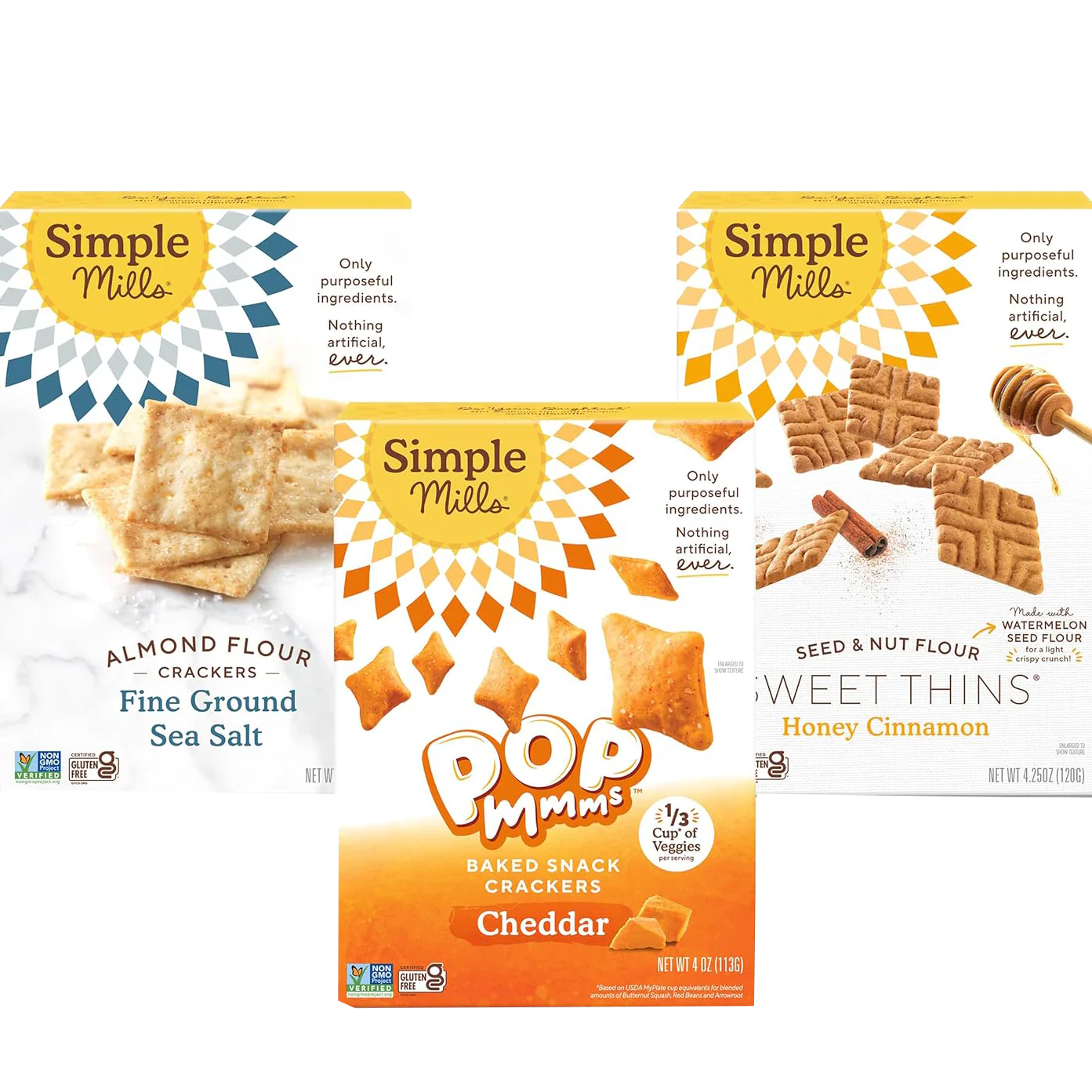 Cracker Variety - Fine Ground Almond Sea Salt, Pop Mmms Cheddar Bakes, Honey Cinnamon (3 Pack)