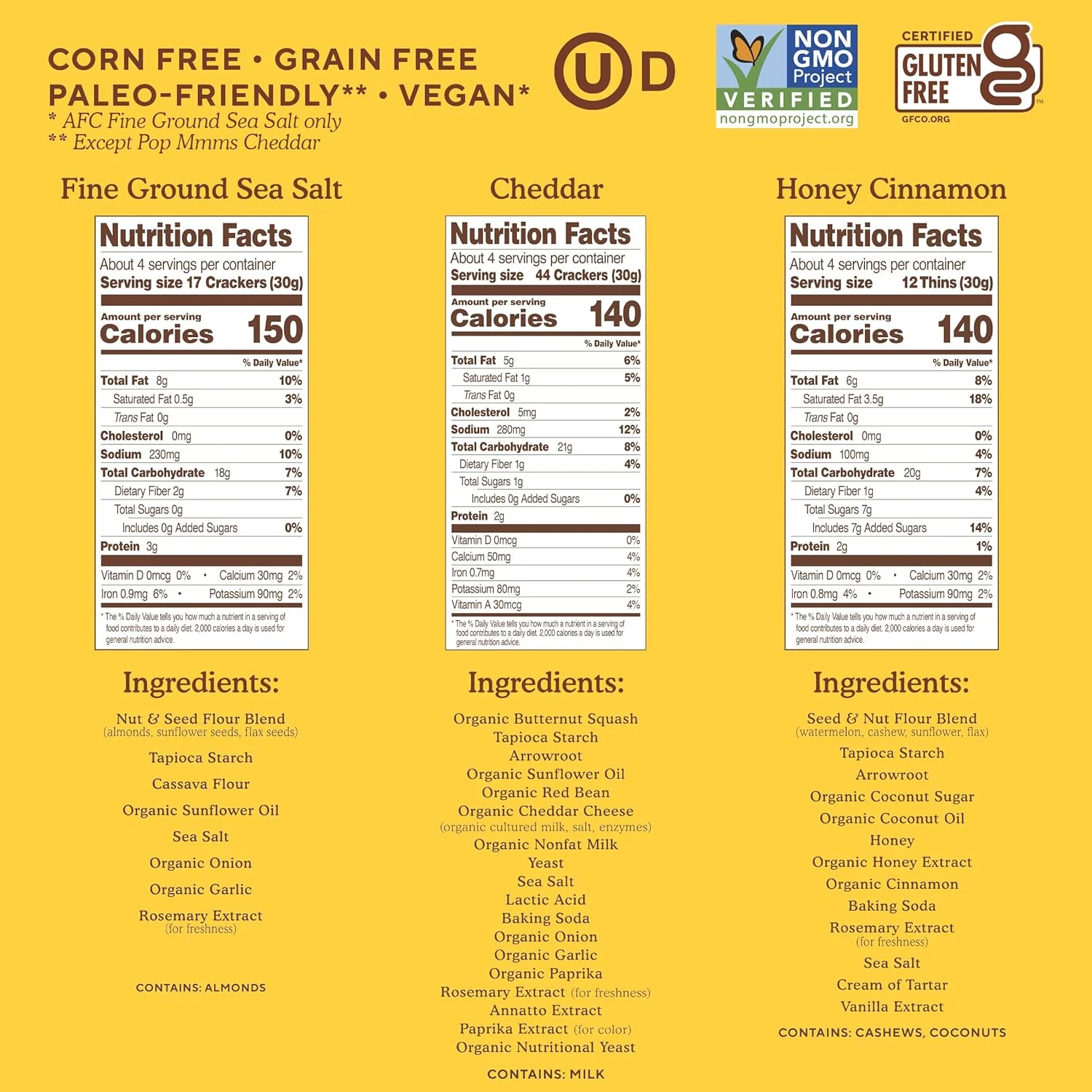 Cracker Variety - Fine Ground Almond Sea Salt, Pop Mmms Cheddar Bakes, Honey Cinnamon (3 Pack) - Image 2