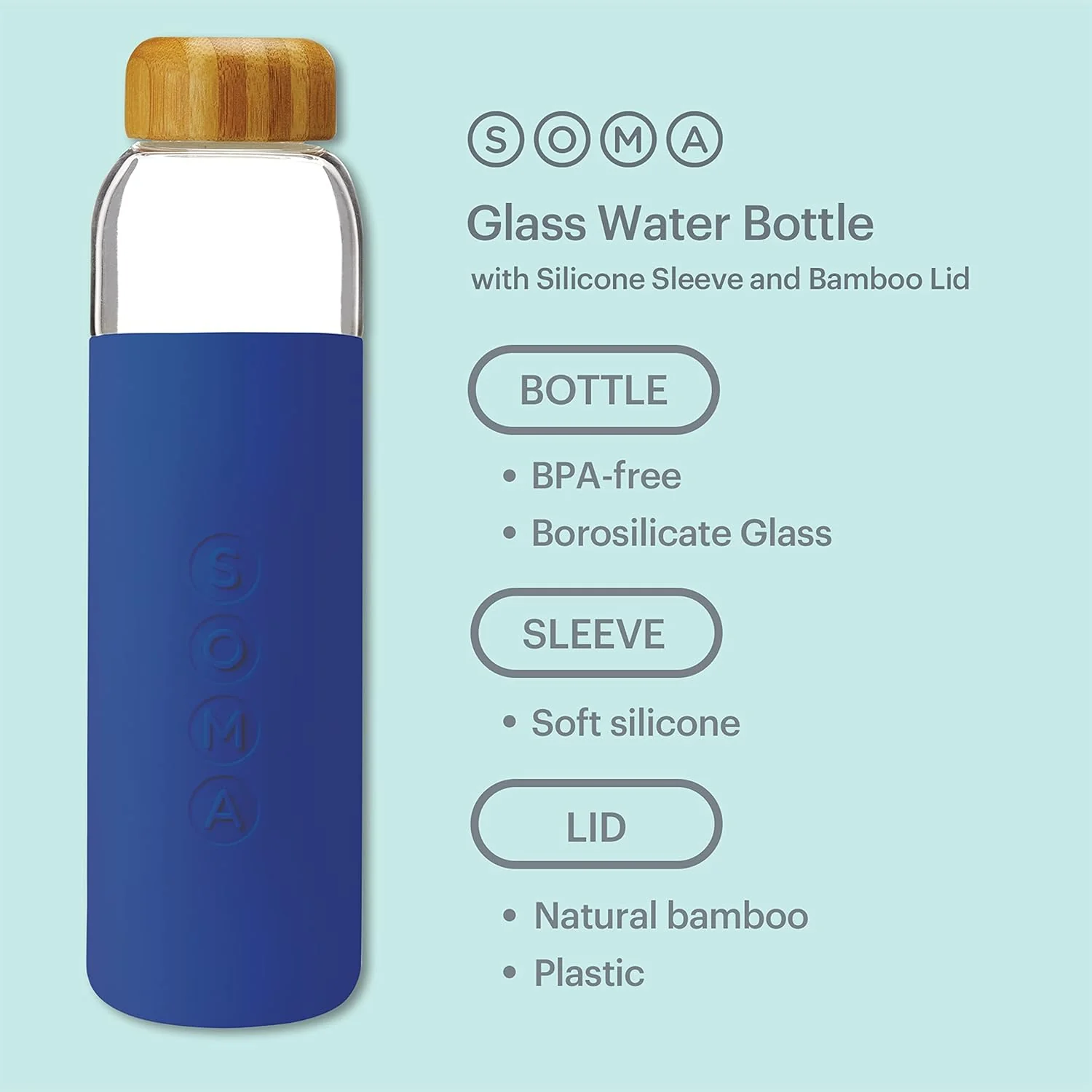 17oz Glass Water Bottle with Silicone Sleeve - Sapphire - Image 3