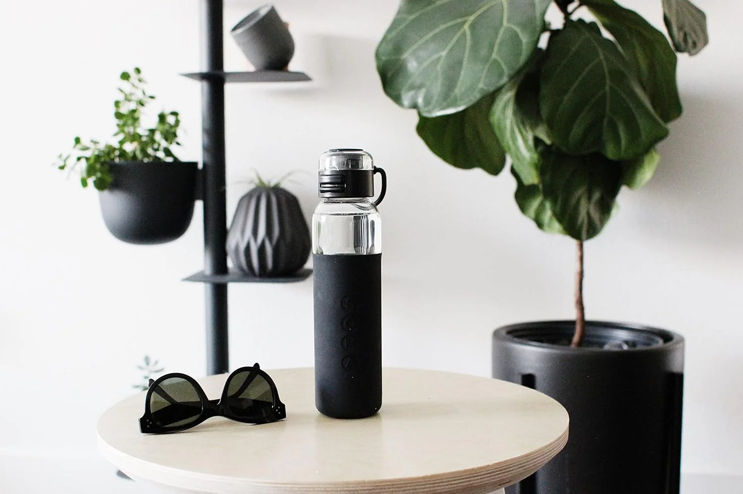17oz Glass Water Bottle With Silicone Sleeve, Sport Cap - Black - Image 2
