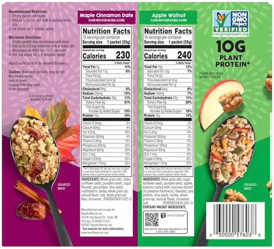 Grains & Seeds Oatmeal Variety Pack - 10 Apple Walnut and 10 Maple Cinnamon Date (20 Pouches) - Image 2
