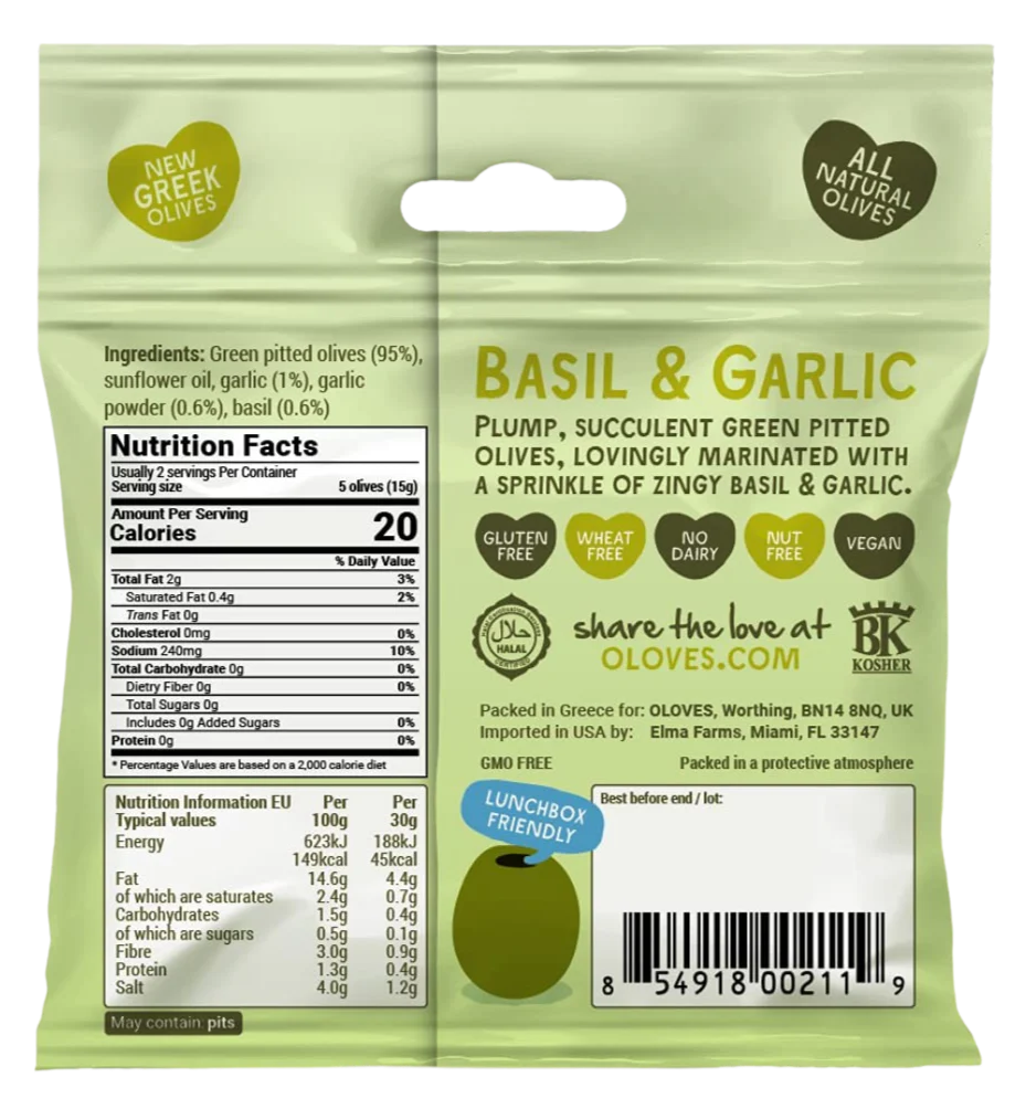 Basil & Garlic Green Pitted Olives (10 Pack) - Image 3