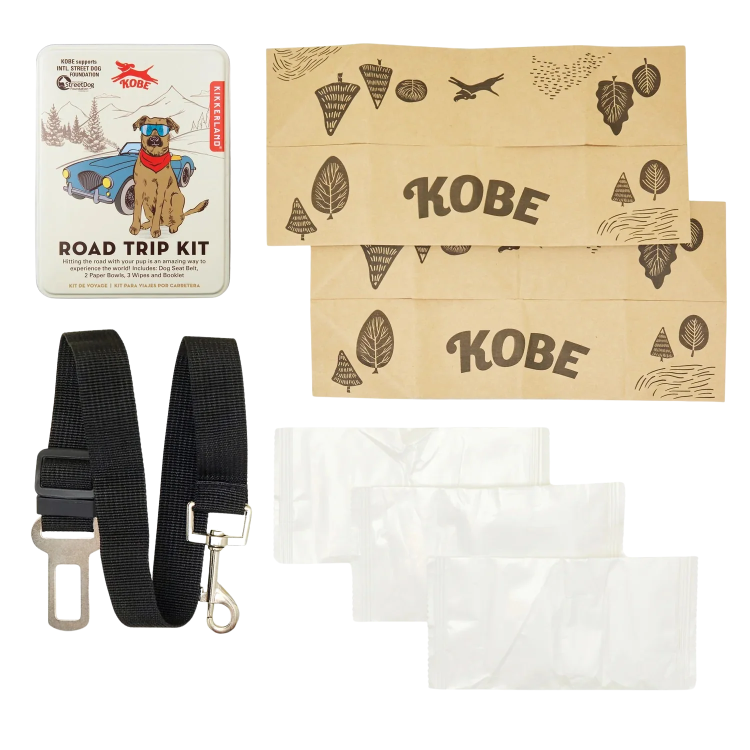Road Trip Kit - Dog Seat Belt, 2 Paper Bowls, 3 Wipes and Booklet - Image 2