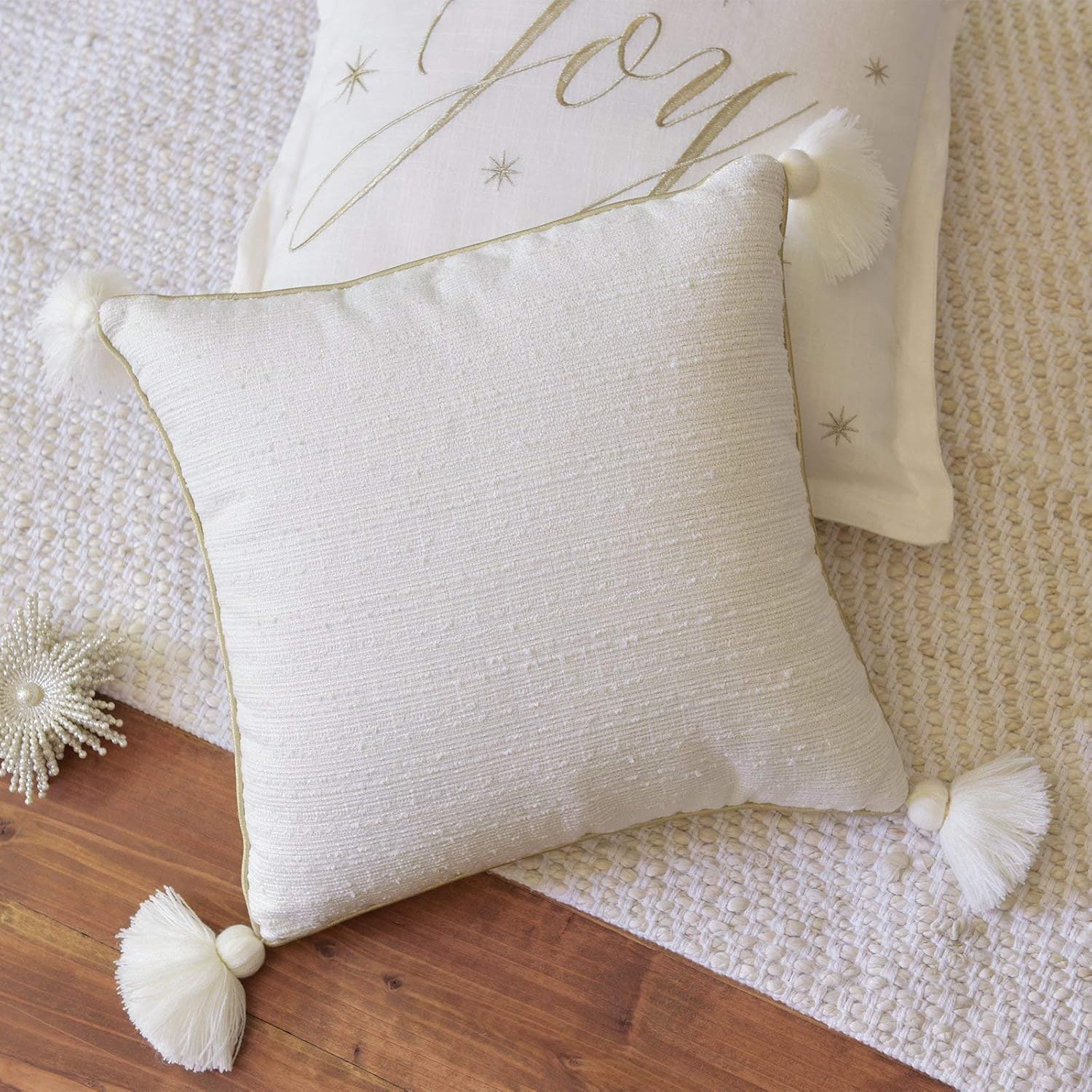 Throw Pillow - Cream and Gold with Tassels - Image 2