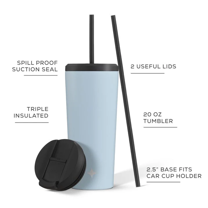 Vacuum Insulated Tumbler with Straw & Flip Lids (Blue) 20oz - Image 2