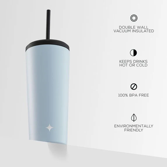 Vacuum Insulated Tumbler with Straw & Flip Lids (Blue) 20oz - Image 3